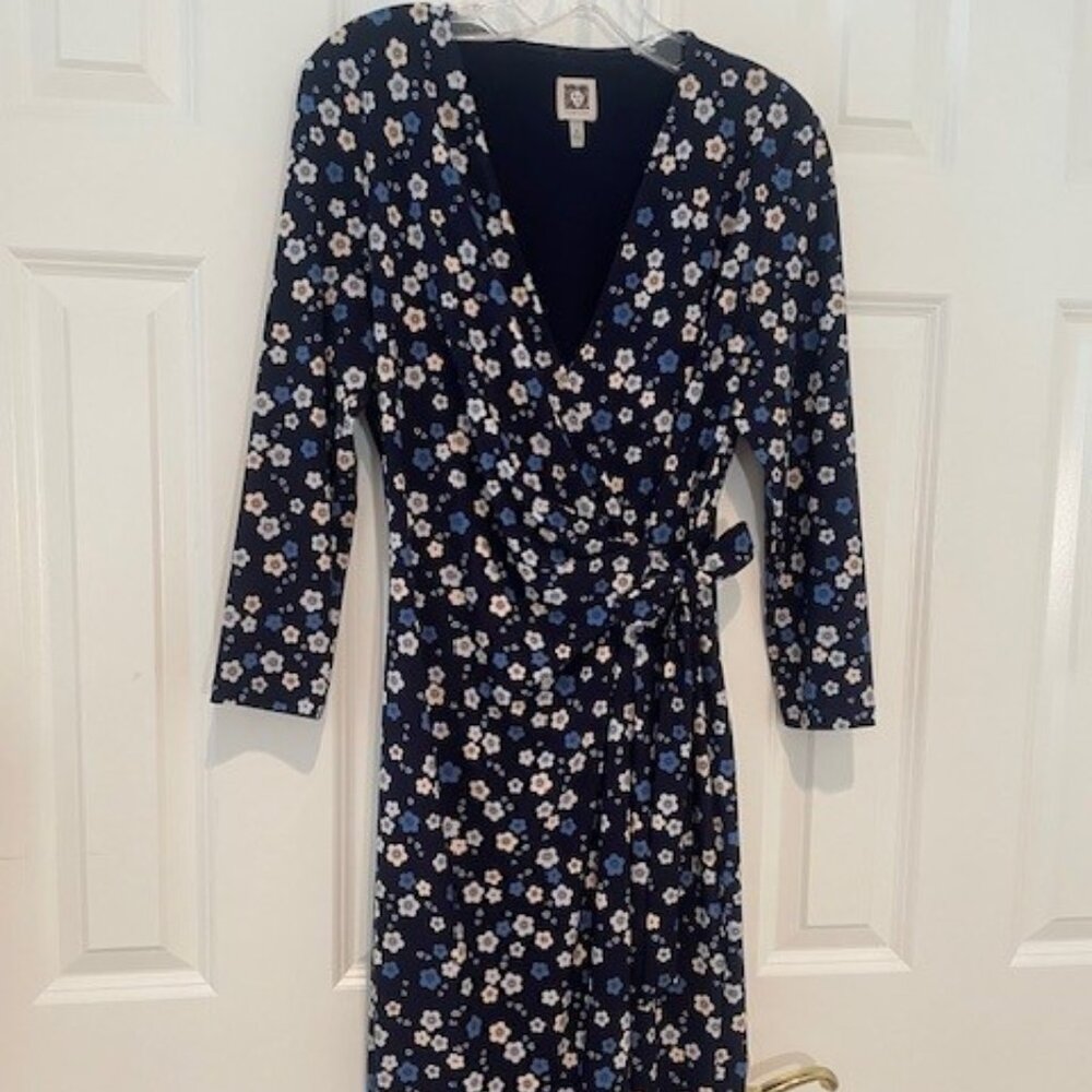 Anne Klein Navy Floral Wrap Dress with Blue & White Blooms